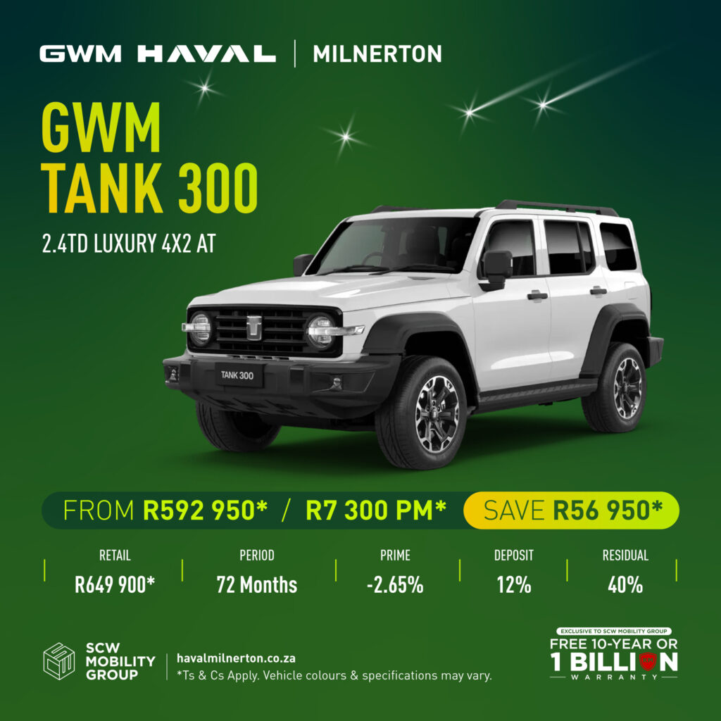 GWM Tank 300 2.4TD Luxury 4X2 AT from R592 950 or R7 300pm*